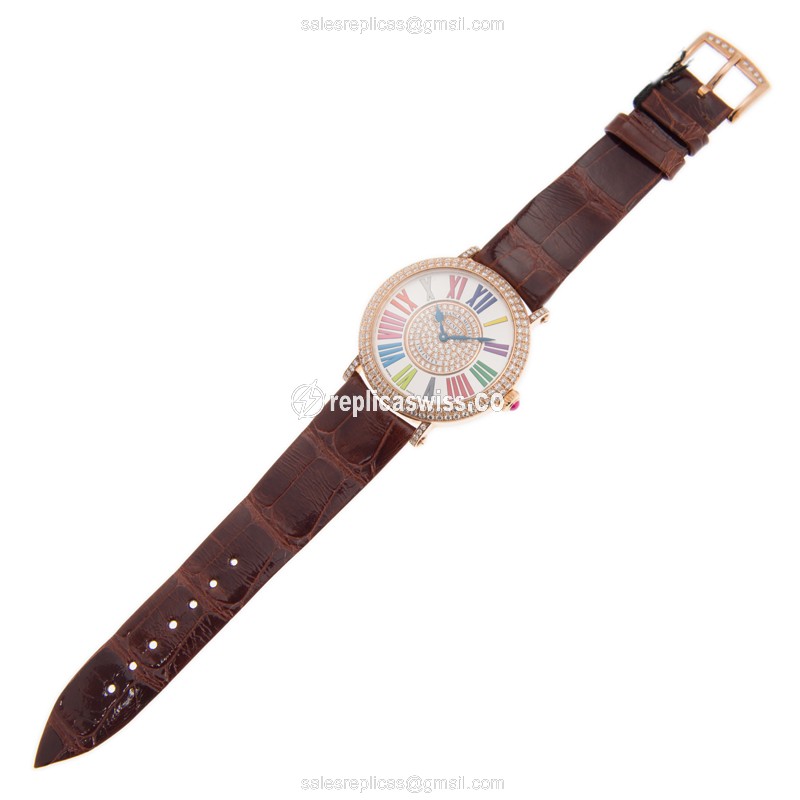 Franck Muller 8038 QZ COL DRM R D CD 1P 5N Round - Quartz - 18kt Rose Gold - Diamonds on White Dial - Leather Strap, Buckle Clasp - View 2