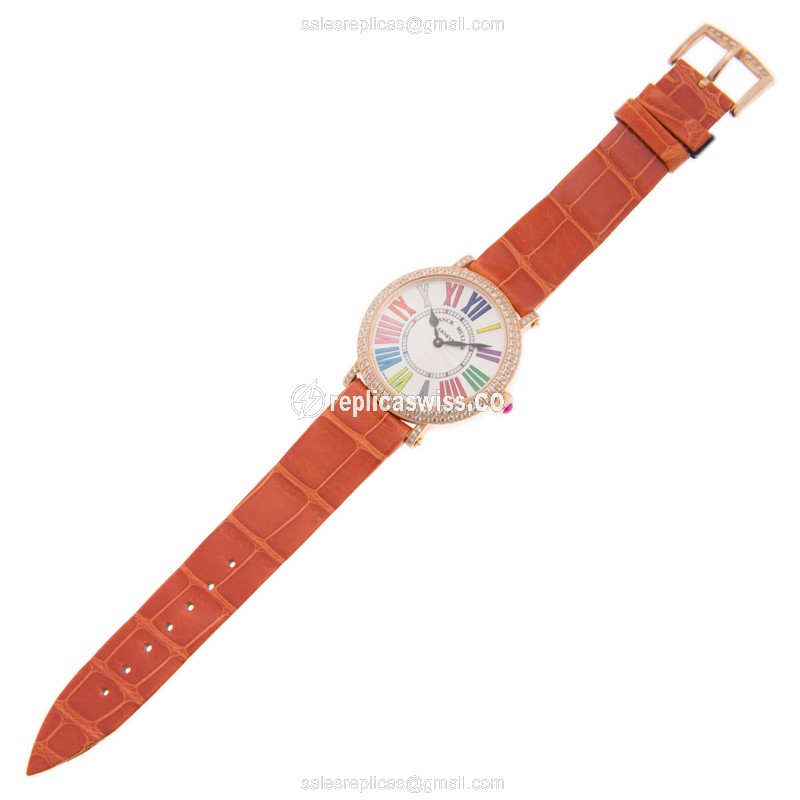Franck Muller 8035 Replica - Quartz - 18kt Rose Gold Case - White Dial, Orange Leather Strap - View 2