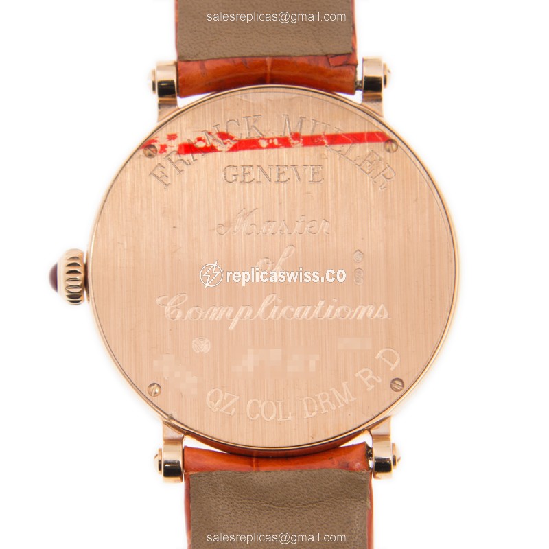 Franck Muller 8035 Replica - Quartz - 18kt Rose Gold Case - White Dial, Orange Leather Strap - View 3