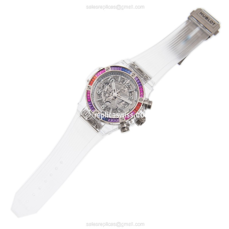 Hublot BIG BANG Rep - Automatic 18kt White Gold - Sapphire Skull - Rubber Clasp - View 2