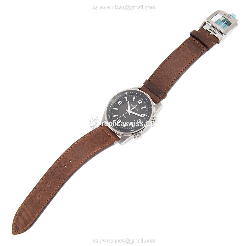 Jaeger-Lecoultre Polaris Date Replica - Automatic - Steel Case - Black Dial - Brown Leather Strap - View 2