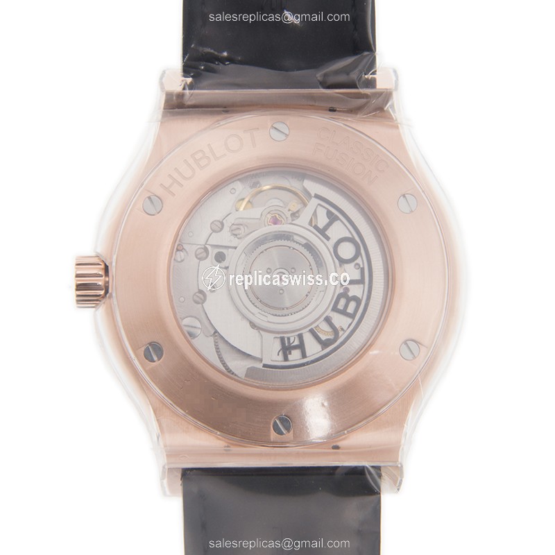 Hublot Classic Fusion Replica - Automatic - 18kt Rose Gold Case - Diamonds - Black Dial - Alligator Strap - View 3