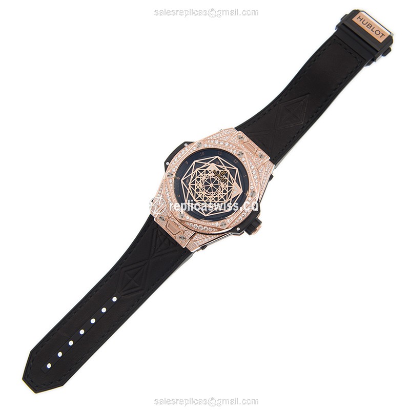 Hublot BIG BANG Replica - Automatic - 18kt Rose Gold - Diamond Bezel - Black Dial - Leather Strap - View 2