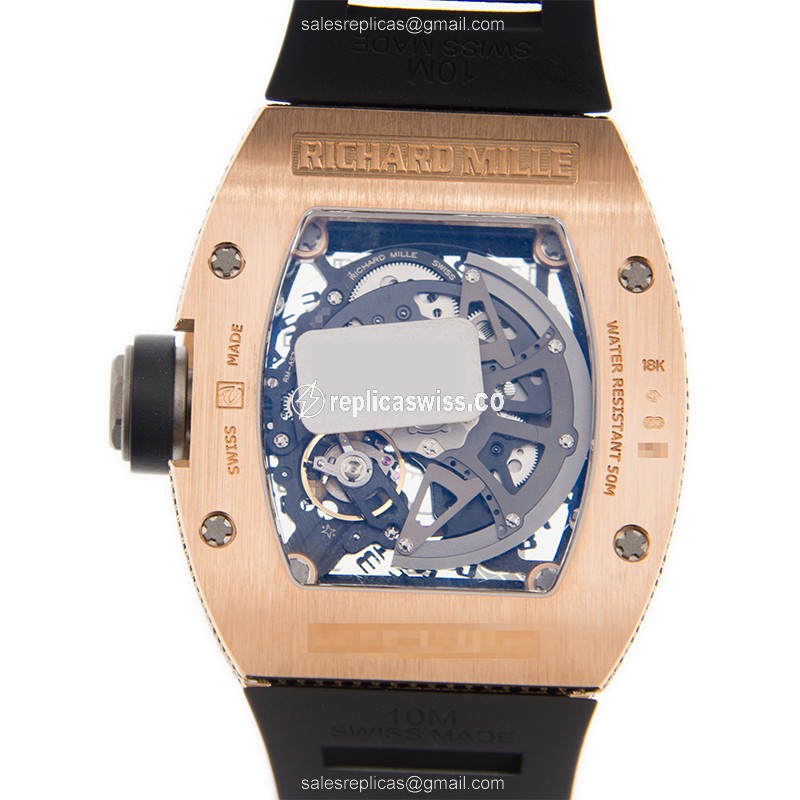 Richard Mille RM010-AH Replica - Automatic - 18kt Rose Gold - Diamond Dial - Black Rubber Strap - View 3