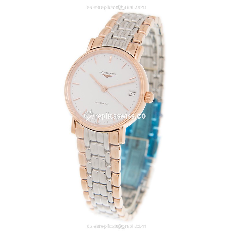 Longines Presence Replica - Automatic - White Dial - 18kt Rose Gold Case & Steel Strap - View 3
