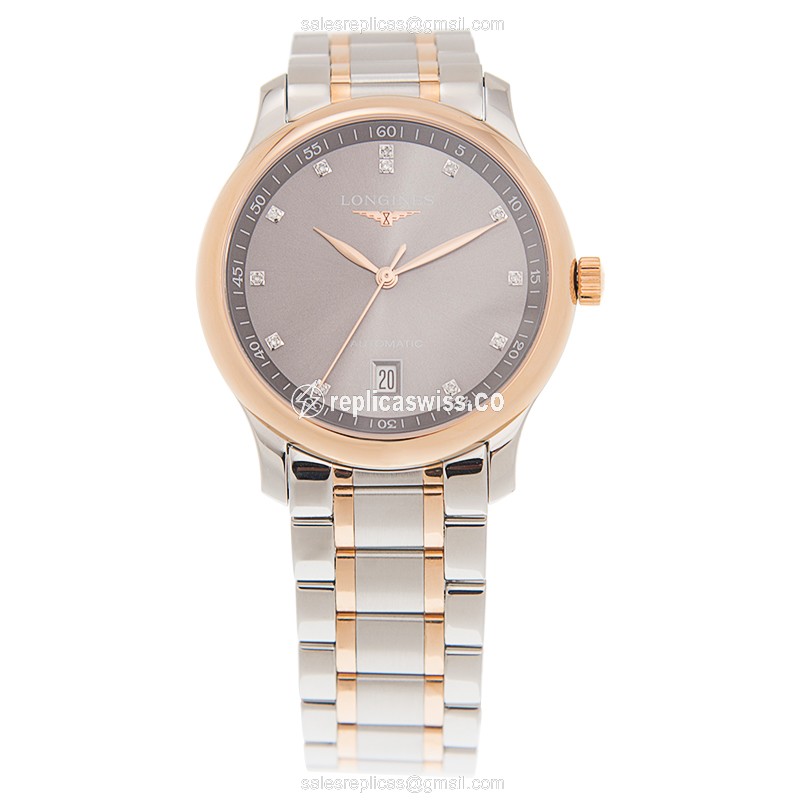 Longines L2.628.5.07.7 Replica - Automatic - 18kt Rose Gold - Steel Case - Gray Dial - Gold Strap - View 2