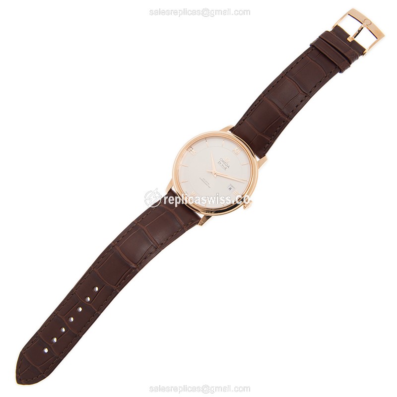 Omega DE VILLE Replica - 18kt Rose Gold - Automatic - Silver Dial - Brown Leather Strap - View 2