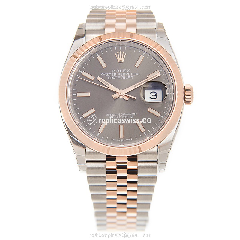 Rolex DATEJUST Replica - Automatic - 18kt Rose Gold & Steel - Gray Dial, Gold Clasp & Gold Strap - View 2