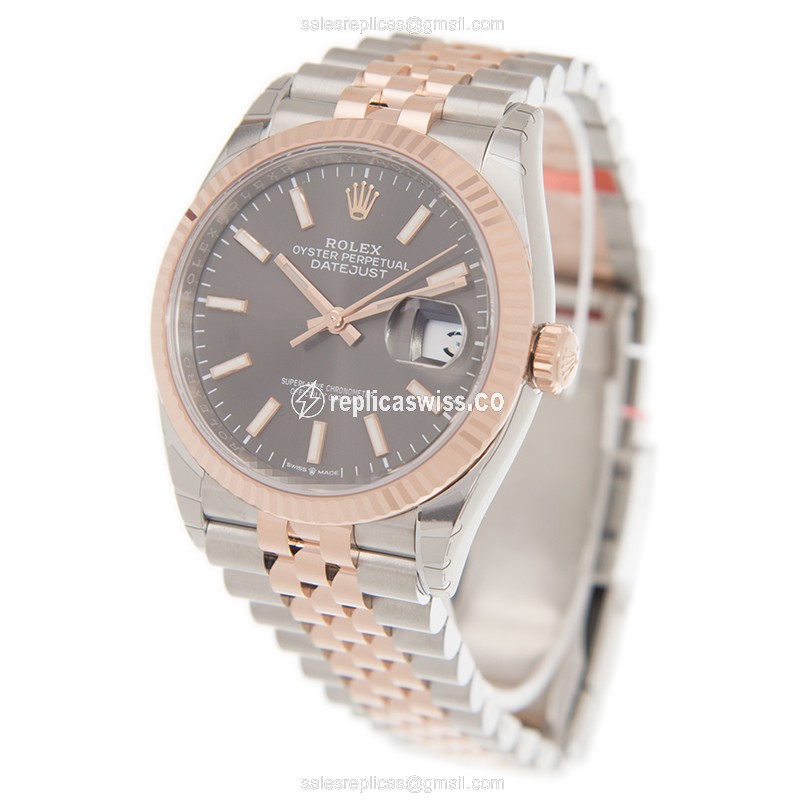Rolex DATEJUST Replica - Automatic - 18kt Rose Gold & Steel - Gray Dial, Gold Clasp & Gold Strap - View 3