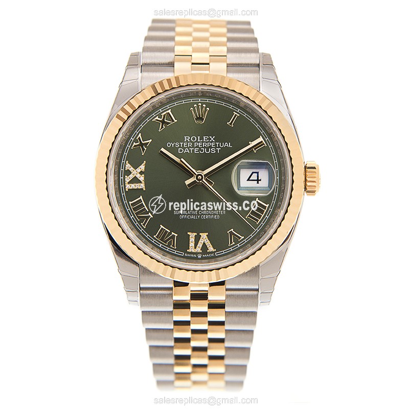 Rolex DATEJUST Replica - Automatic - 18kt Gold & Steel - Green Dial - Gold Clasp - View 2
