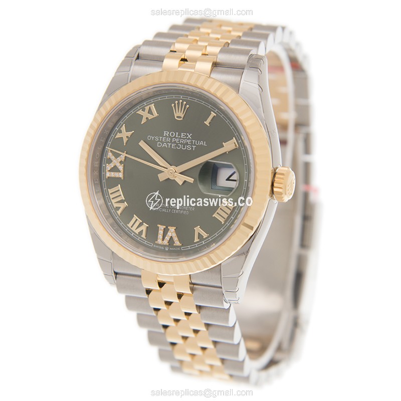 Rolex DATEJUST Replica - Automatic - 18kt Gold & Steel - Green Dial - Gold Clasp - View 3