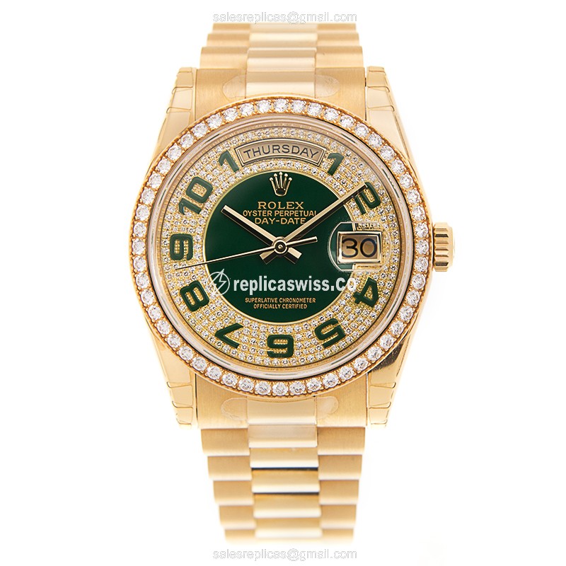 Rolex Day-Date Replica - Automatic - 18kt Gold & Steel - Green Dial on Gold Strap - View 2