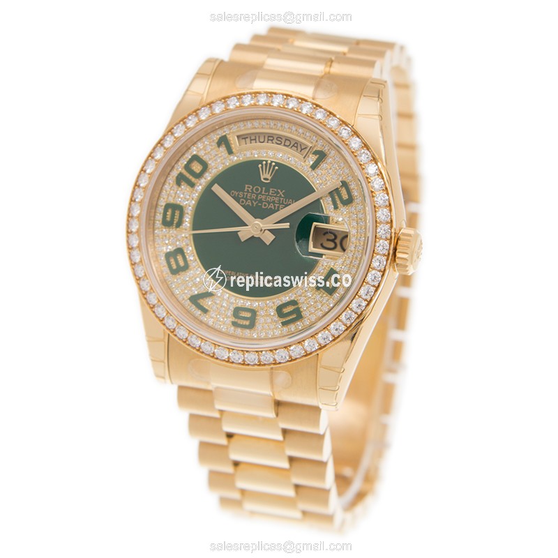 Rolex Day-Date Replica - Automatic - 18kt Gold & Steel - Green Dial on Gold Strap - View 3