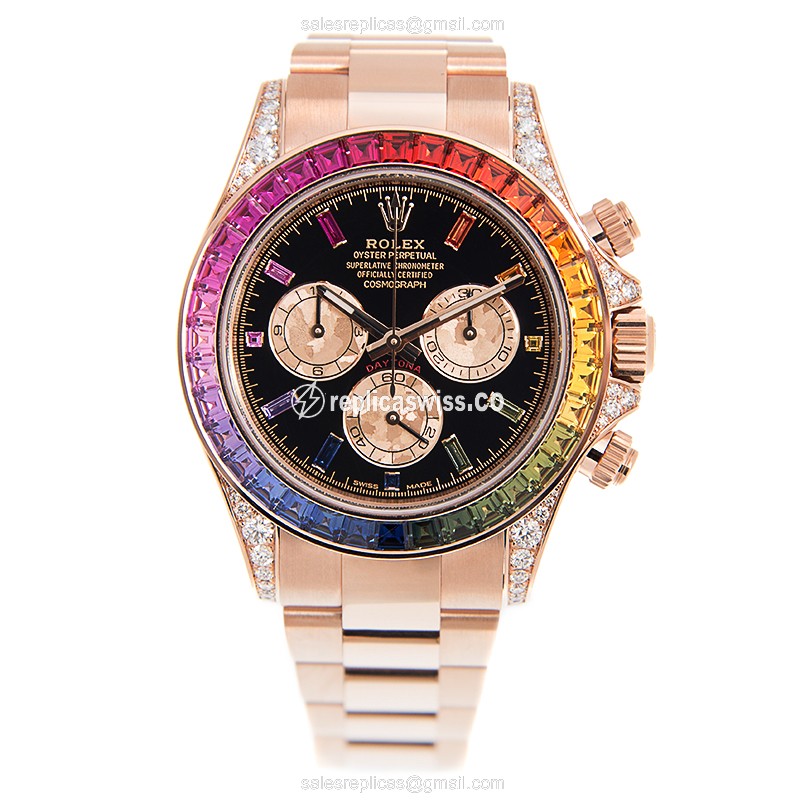 Rolex Daytona Replica - Automatic - 18kt Rose Gold - Sapphire - Black Dial - Gold Strap - View 2