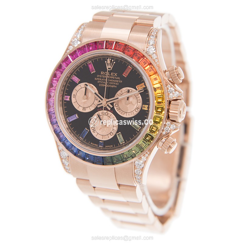 Rolex Daytona Replica - Automatic - 18kt Rose Gold - Sapphire - Black Dial - Gold Strap - View 3