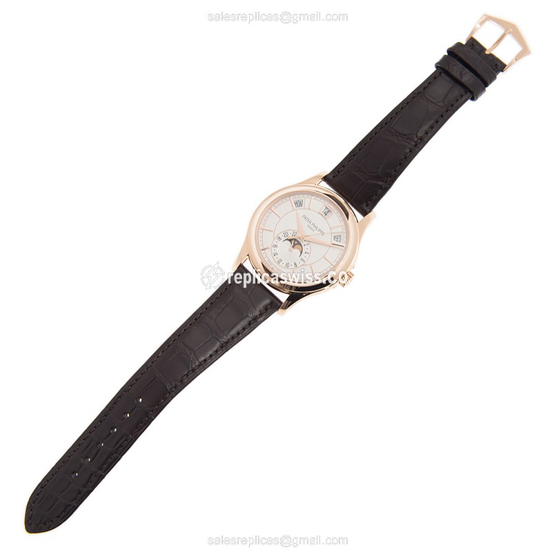 Patek Philippe 5205R-001 Replica - Automatic - 18kt Rose Gold - White Dial - Brown Alligator Buckle - View 2