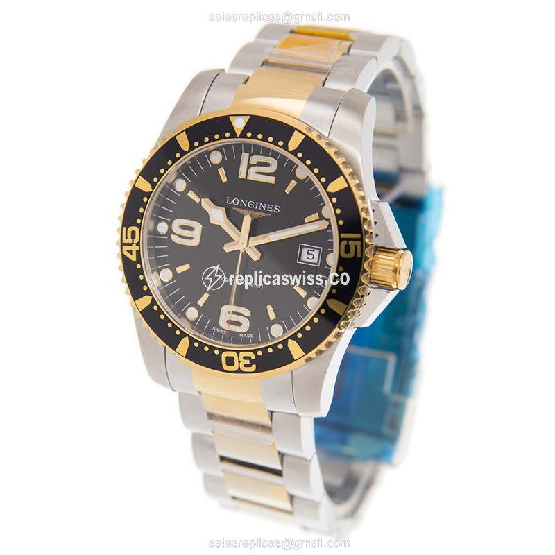 Longines CONQUEST Replica - Quartz - Gold-Plated Case - Black Dial - Steel Clasp & Gold Strap - View 3