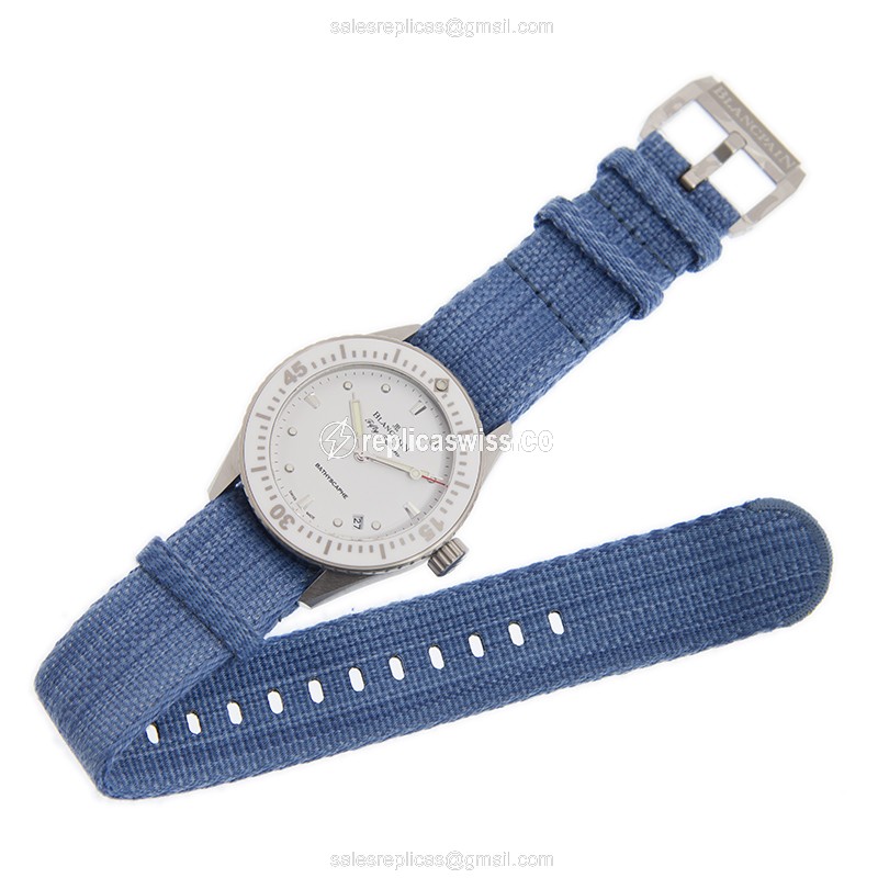 Blancpain 5100-1127-NAJ Replica - Automatic - Steel Case - White Dial - Blue Canvas Strap - View 2