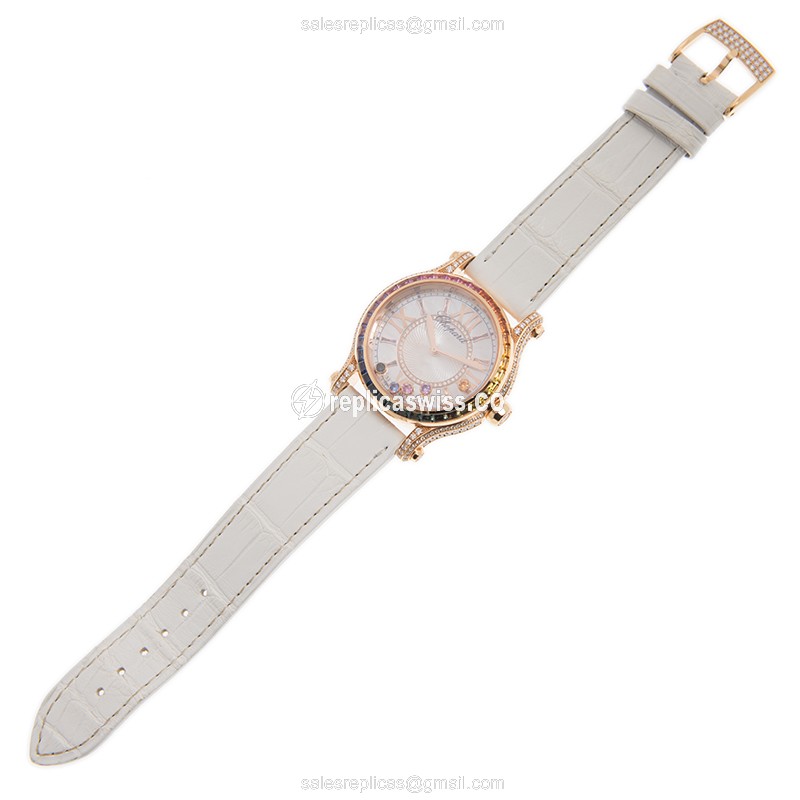 Chopard Happy Sport Replica - Automatic - 18kt Rose Gold - Sapphire - White Dial - Alligator Buckle - View 2