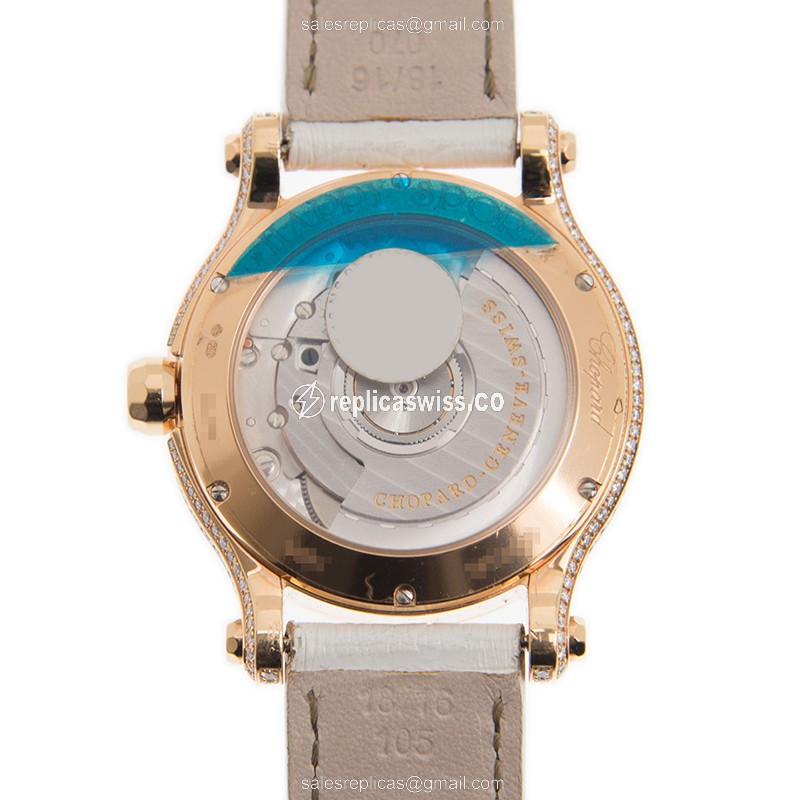 Chopard Happy Sport Replica - Automatic - 18kt Rose Gold - Sapphire - White Dial - Alligator Buckle - View 3