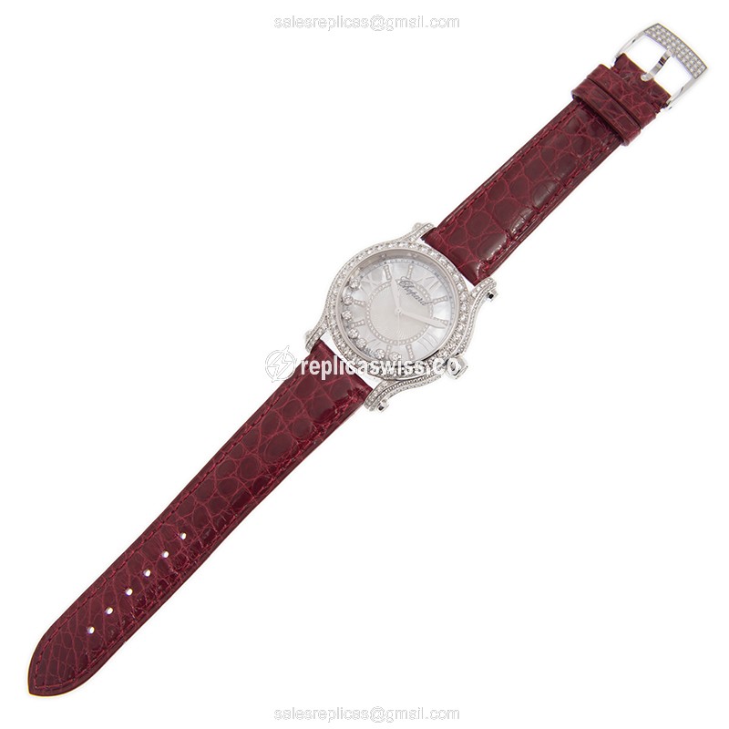 Chopard Happy Sport Replica - Auto - 18kt White Gold - Diamond - White Dial - Red Alligator Strap - View 2