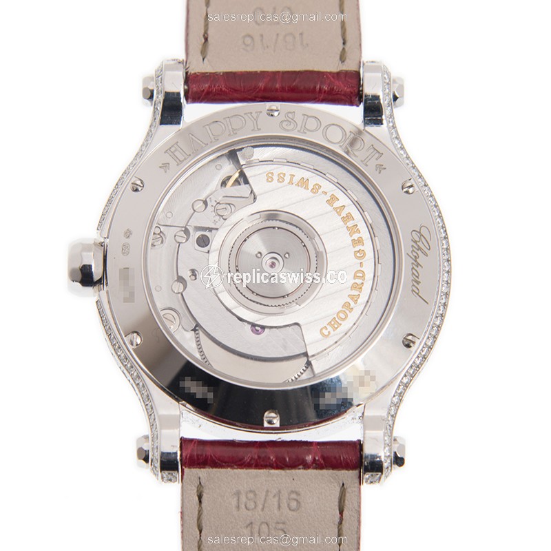Chopard Happy Sport Replica - Auto - 18kt White Gold - Diamond - White Dial - Red Alligator Strap - View 3