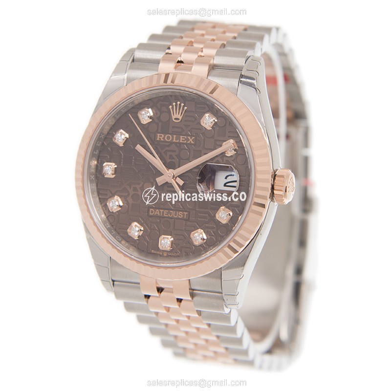 Rolex DATEJUST Replica - Automatic - 18kt Rose Gold & Steel - Brown Dial - Gold Strap - View 3
