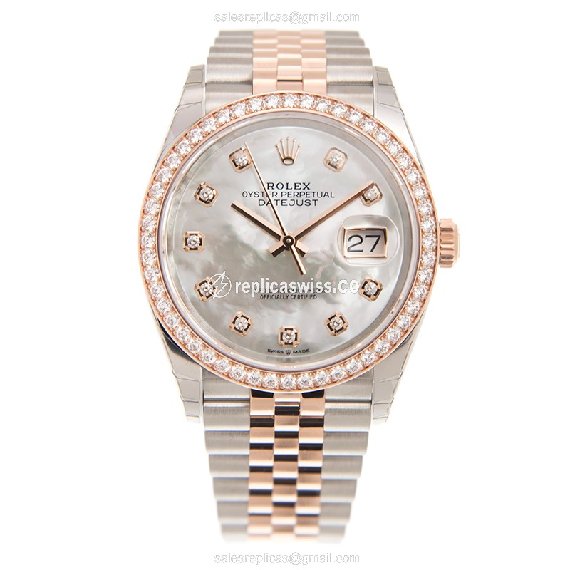 Rolex Datejust Replica - Automatic - 18kt Rose Gold Case - White Dial on Gold Strap - View 2