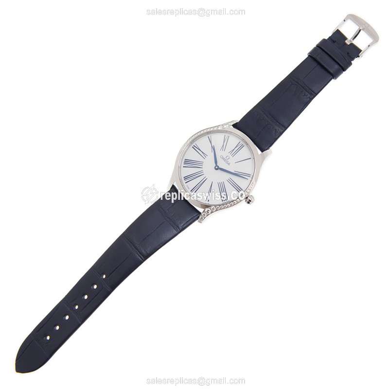 Omega DE VILLE Quartz Replica - White Dial - Steel Case - Blue Leather Strap - Buckle Clasp - View 2