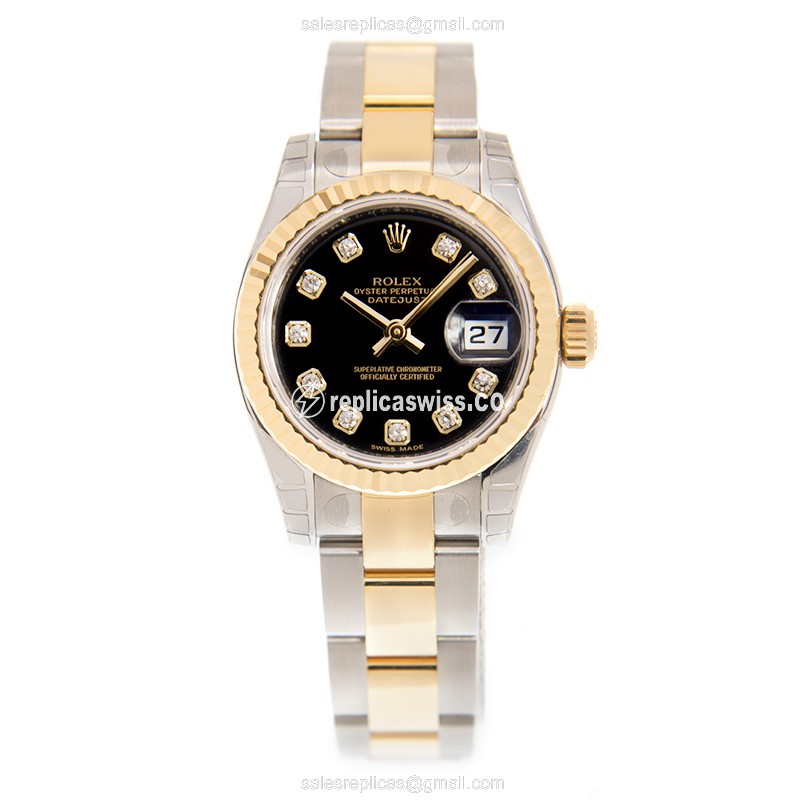 Rolex Lady Datejust Replica: Automatic, Black Dial, 18kt Gold & Steel Clasp - View 2