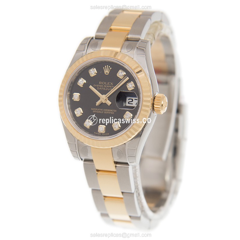 Rolex Lady Datejust Replica: Automatic, Black Dial, 18kt Gold & Steel Clasp - View 3