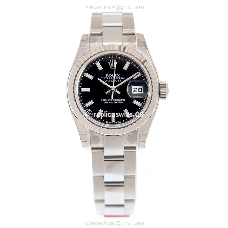 Rolex Lady Datejust Replica - Automatic - 18kt White Gold & Steel Case - Black Dial - View 2