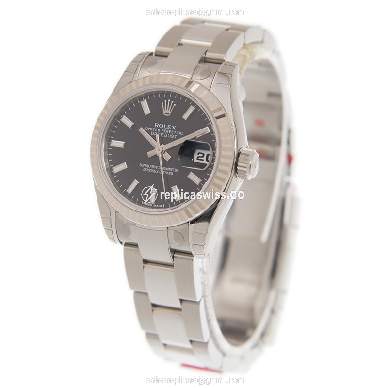 Rolex Lady Datejust Replica - Automatic - 18kt White Gold & Steel Case - Black Dial - View 3