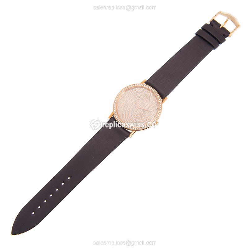 Piaget TRADITION Replica - Automatic - 18kt Rose Gold & Diamond - Gold Dial - Silk Brown Buckle - View 2