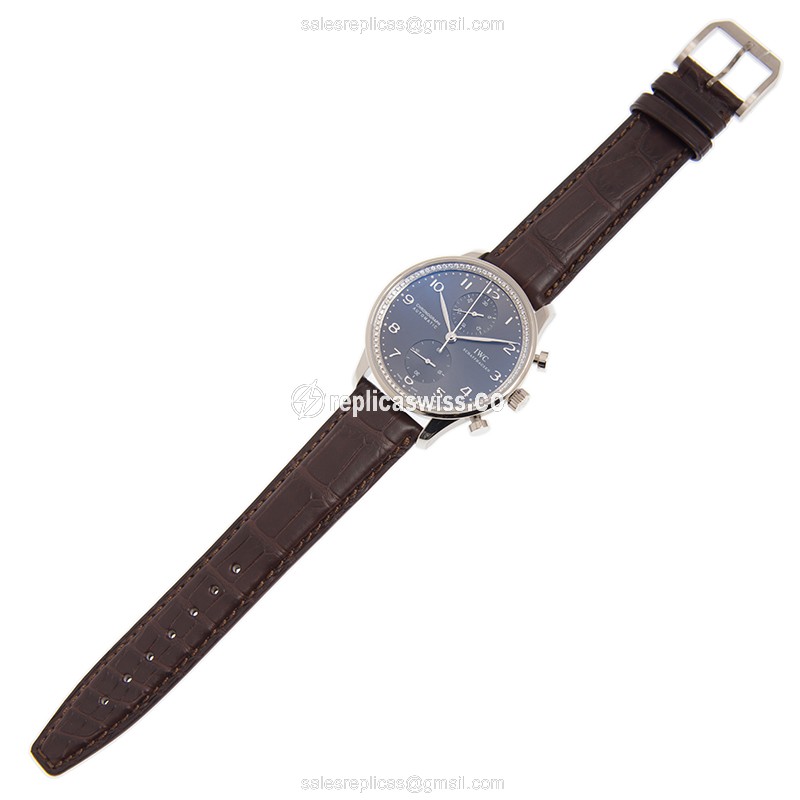 Portuguese IWC Replica - Automatic 18kt - White Gold - Diamond Gray Dial - Leather Brown Strap - View 2