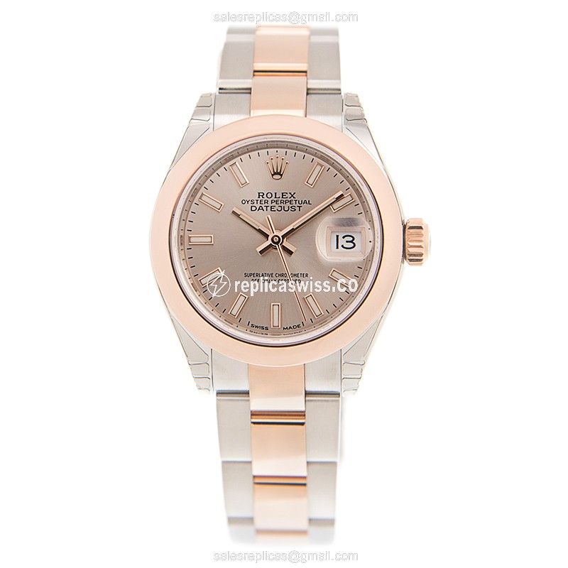 Rolex Datejust Lady Replica - Automatic - 18kt Rose Gold Case - Pink Dial on Gold Strap - View 2