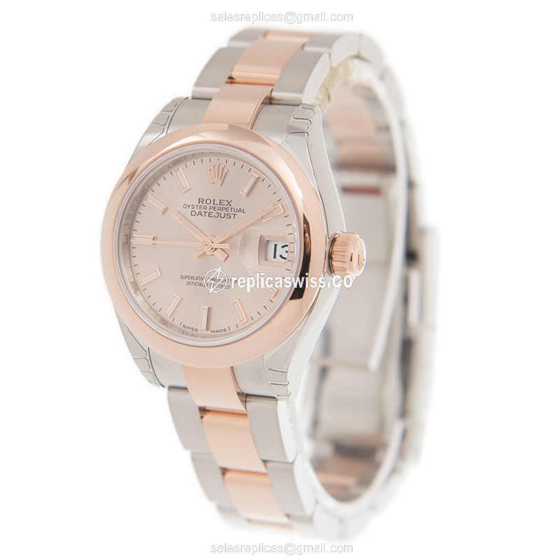 Rolex Datejust Lady Replica - Automatic - 18kt Rose Gold Case - Pink Dial on Gold Strap - View 3