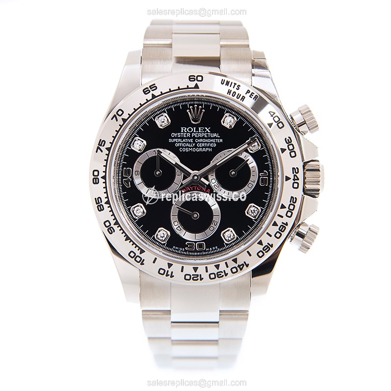 Rolex Daytona Replica - Automatic - 18kt Gold Case - Black Dial on Silver Strap - View 2