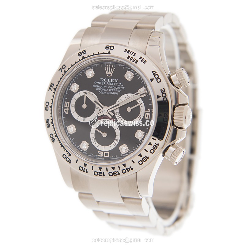 Rolex Daytona Replica - Automatic - 18kt Gold Case - Black Dial on Silver Strap - View 3