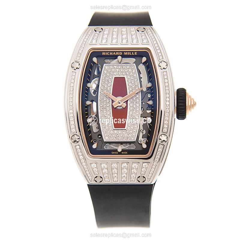 Richard Mille RM07-01 Replica - Automatic - 18kt White Gold - Red Dial - Diamond - Black Rubber Strap - View 2