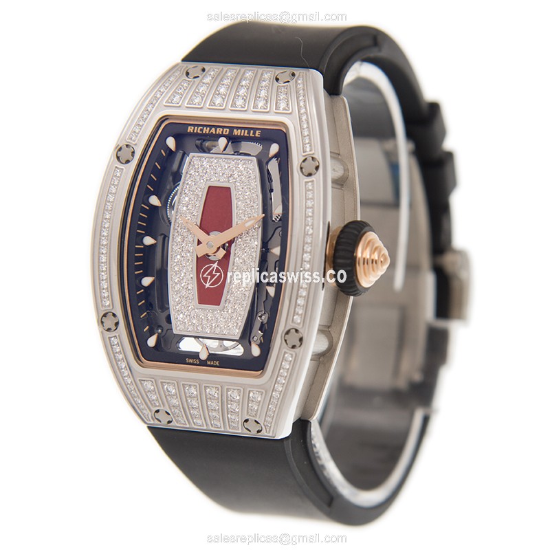 Richard Mille RM07-01 Replica - Automatic - 18kt White Gold - Red Dial - Diamond - Black Rubber Strap - View 3