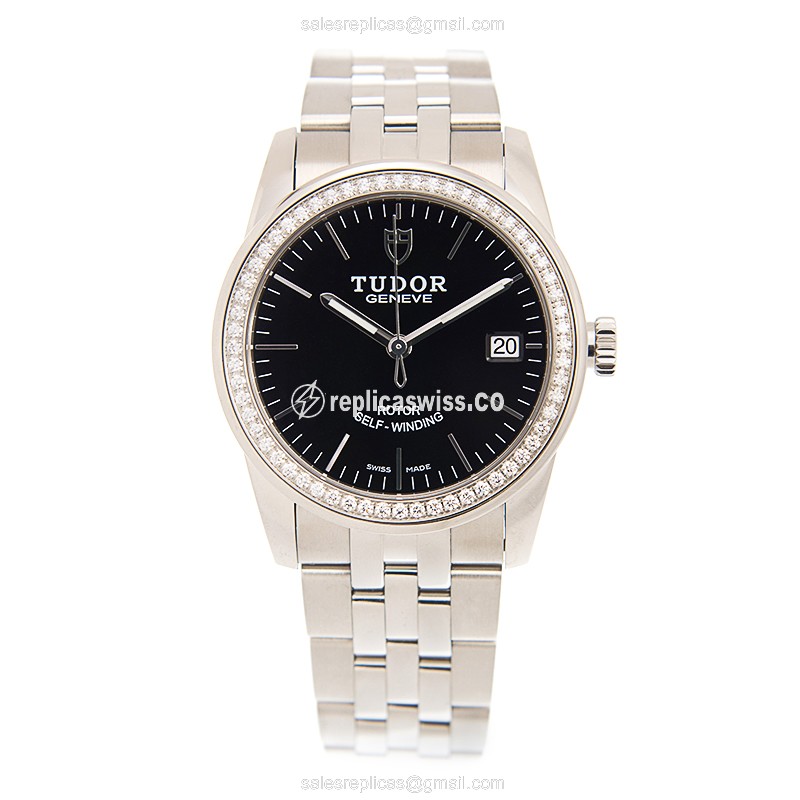Tudor Glamour Date Replica - Auto - Diamonds - Black - Steel - View 2