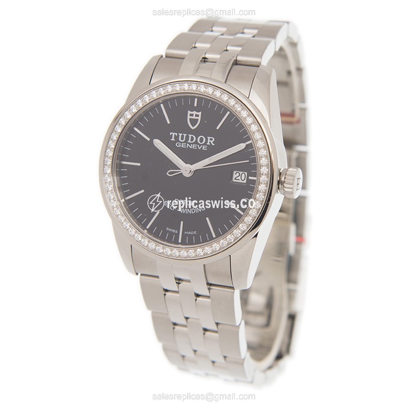 Tudor Glamour Date Replica - Auto - Diamonds - Black - Steel - View 3