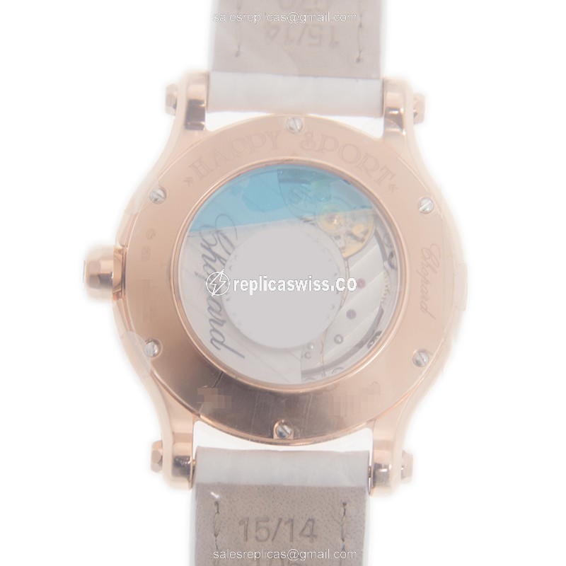 Chopard Happy Sport Replica - Automatic - 18kt Rose Gold - White Dial - Alligator Strap - View 3