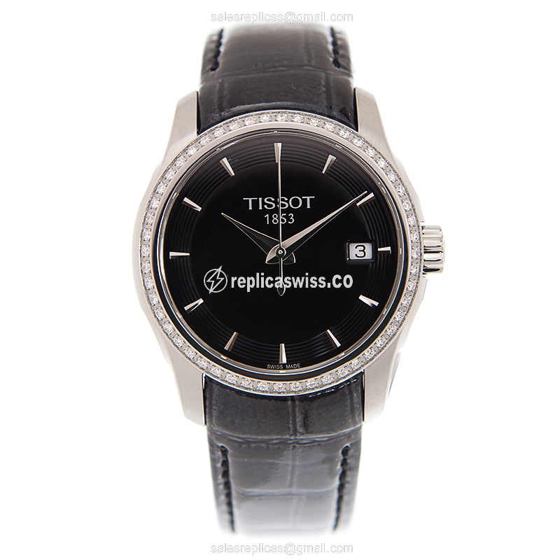 Rolex T-Classic Replica - Quartz - Stainless Steel - Diamonds - Black Dial - Leather Strap - View 2