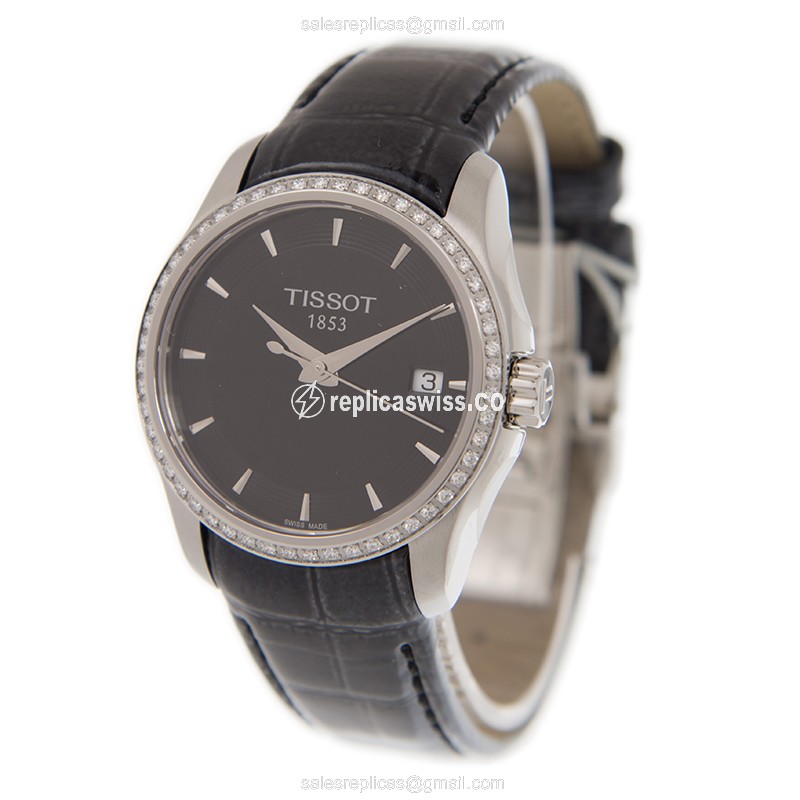 Rolex T-Classic Replica - Quartz - Stainless Steel - Diamonds - Black Dial - Leather Strap - View 3