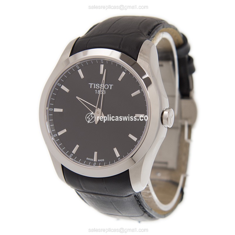 Rolex T-CLASSIC Replica - Quartz - Stainless Steel Case - Black Dial - Leather Strap - View 3