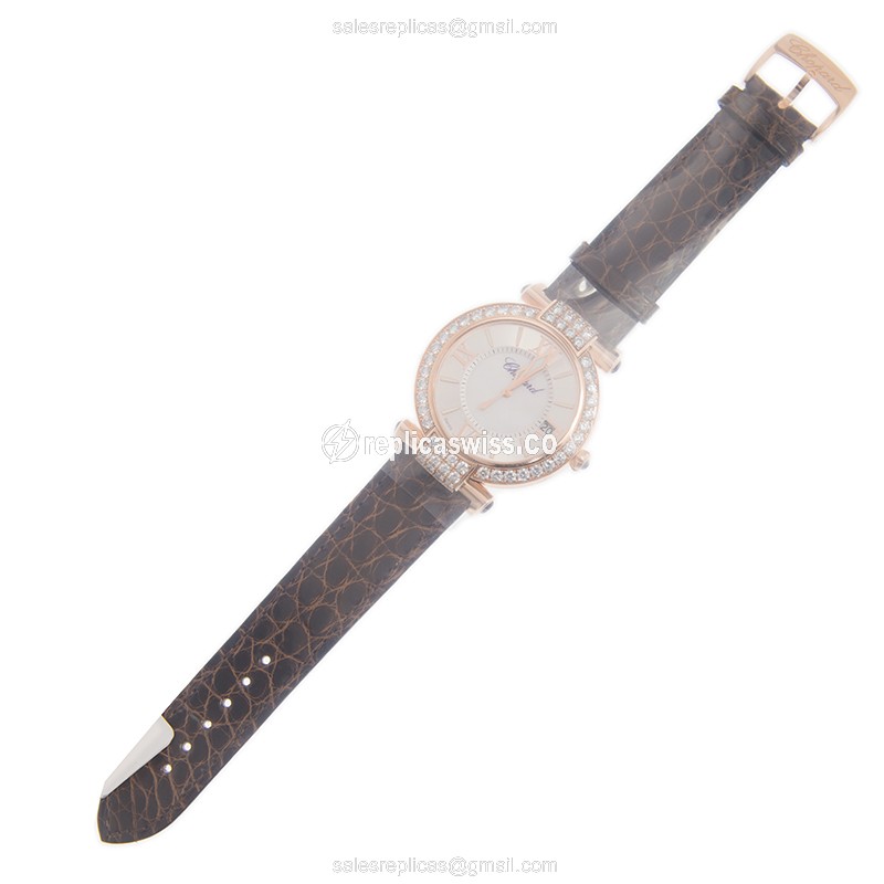 Chopard Imperiale Replica - Automatic - 18kt Rose Gold - Diamond Set - White Dial - Brown Alligator Strap - View 2