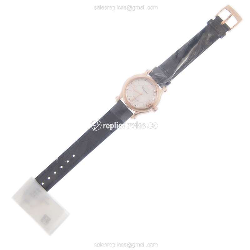 Chopard Happy Sport Replica - Automatic - 18kt Rose Gold - White Dial - Black Alligator Buckle - View 2