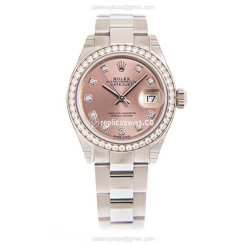 Rolex Lady Datejust Replica - Automatic - White Gold - Pink Dial - Steel Case & Strap - View 2